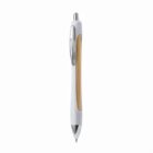 White and wood-tone retractable ballpoint pen with a silver clip on a white background.