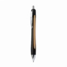 Black and gold retractable ballpoint pen with silver clip on a white background.