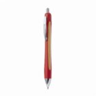Red and yellow retractable ballpoint pen with a silver clip on a white background.