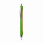 Green and wood-tone retractable pen with silver clip on white background.