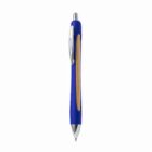 Blue and silver retractable ballpoint pen with a tan grip, on a white background.