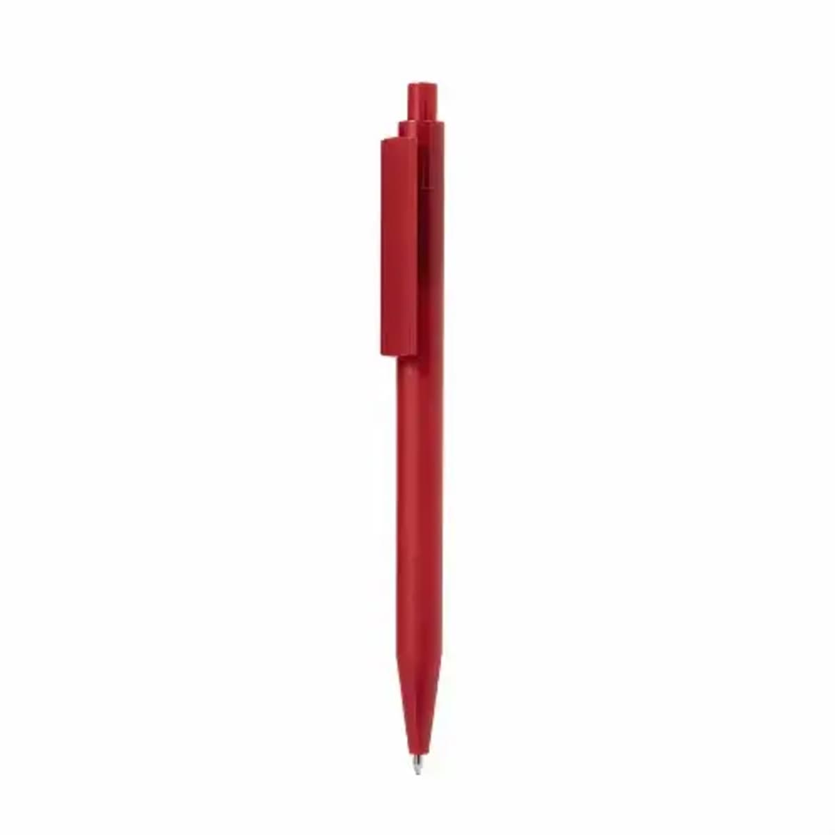 Red retractable ballpoint pen with a clip, shown vertically on a white background.