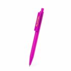 A pink retractable ballpoint pen with a clip, positioned at an angle.