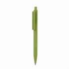 A green, retractable ballpoint pen with a clip, standing upright.