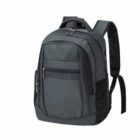 Dark gray backpack with multiple zippered compartments and black shoulder straps.