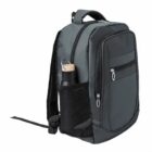 A black backpack with a water bottle in the side mesh pocket, shown on a white background.