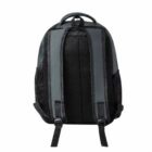 Black and grey backpack shown from the back with padded shoulder straps and mesh sides.