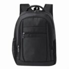 A black backpack with multiple zippered compartments and mesh side pockets.