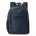 Dark blue backpack with multiple zippered pockets and black mesh side pockets.