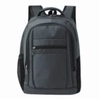 A gray backpack with front zipper pockets and black mesh side pockets.