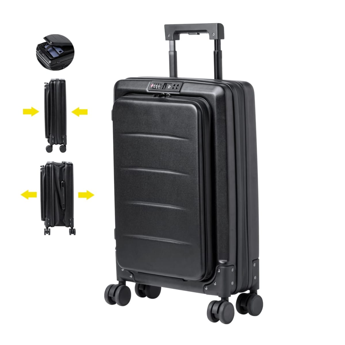 Black hardshell suitcase with front pocket, four wheels, and expandable sides shown.