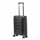 Black hard-shell suitcase with four wheels and an extended telescopic handle.