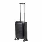 Black hard-shell carry-on suitcase with four wheels and an extended telescopic handle.