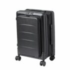 Black hard-shell rolling suitcase with four wheels and a built-in combination lock.