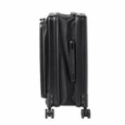 Black hard-shell suitcase standing upright, viewed from the side, with four wheels visible.