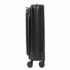 Black hard-shell suitcase standing upright, viewed from the side, with four wheels visible.