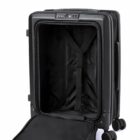 Open black suitcase with inner straps, standing upright on four wheels.