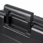 Close-up of a black hard-shell suitcase handle in the extended position.