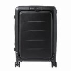 Black hard-shell suitcase with four wheels and a combination lock, shown upright.