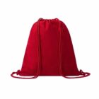 Red drawstring backpack with matching cords, displayed on a plain white background.