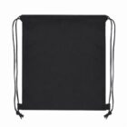 Black drawstring gym bag with cords on each side, lying flat on a white background.