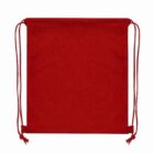 Red drawstring bag with thin straps on both sides, lying flat against a white background.