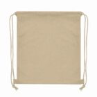 Beige drawstring backpack laid flat on a white background.
