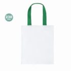 White tote bag with green handles, displayed on a white background, 230 GSM label shown.