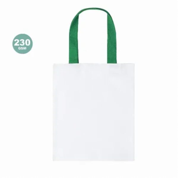 White tote bag with green handles, labeled 230 GSM on a light background.