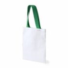 White tote bag with green handles on a plain white background.