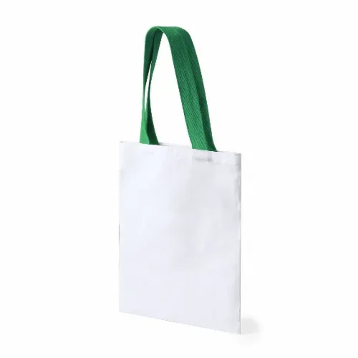 White tote bag with green handles on a plain white background.