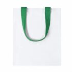 White tote bag with green handles on a plain background.