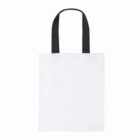 White tote bag with black handles on a plain background.