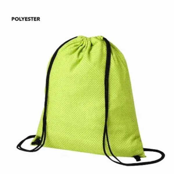A green polyester drawstring backpack with black cords on a white background.