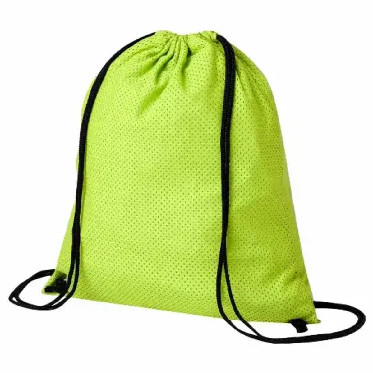 Bright green drawstring backpack with black strings, shown against a white background.