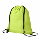 Lime green drawstring backpack with black cords on a white background.