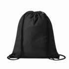 Black drawstring backpack with a simple, plain design on a white background.