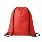 A red drawstring backpack with black strings on a white background.