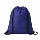Royal blue drawstring backpack with black cords on a white background.
