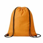 Orange drawstring backpack with black straps on a white background.