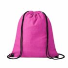 Pink drawstring backpack with black strings, displayed on a white background.