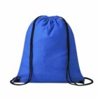 Blue drawstring backpack with black strings against a white background.