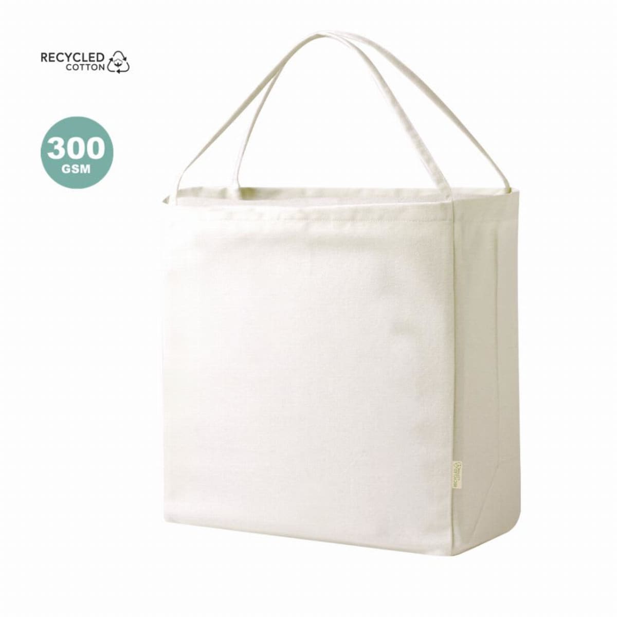 Beige recycled cotton tote bag with a single handle, labeled 300 GSM.