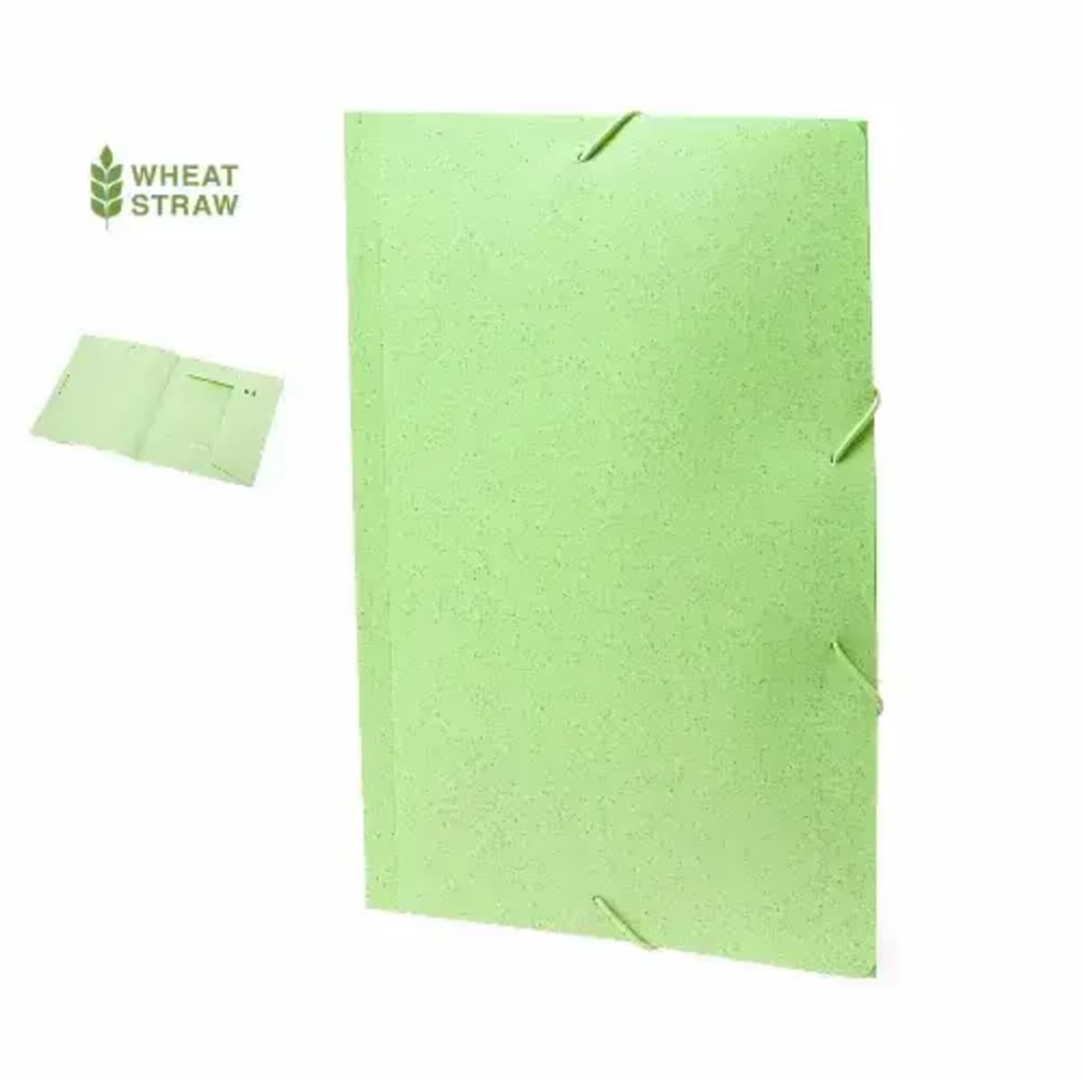 Light green folder made from wheat straw, shown closed and slightly open in the corner.