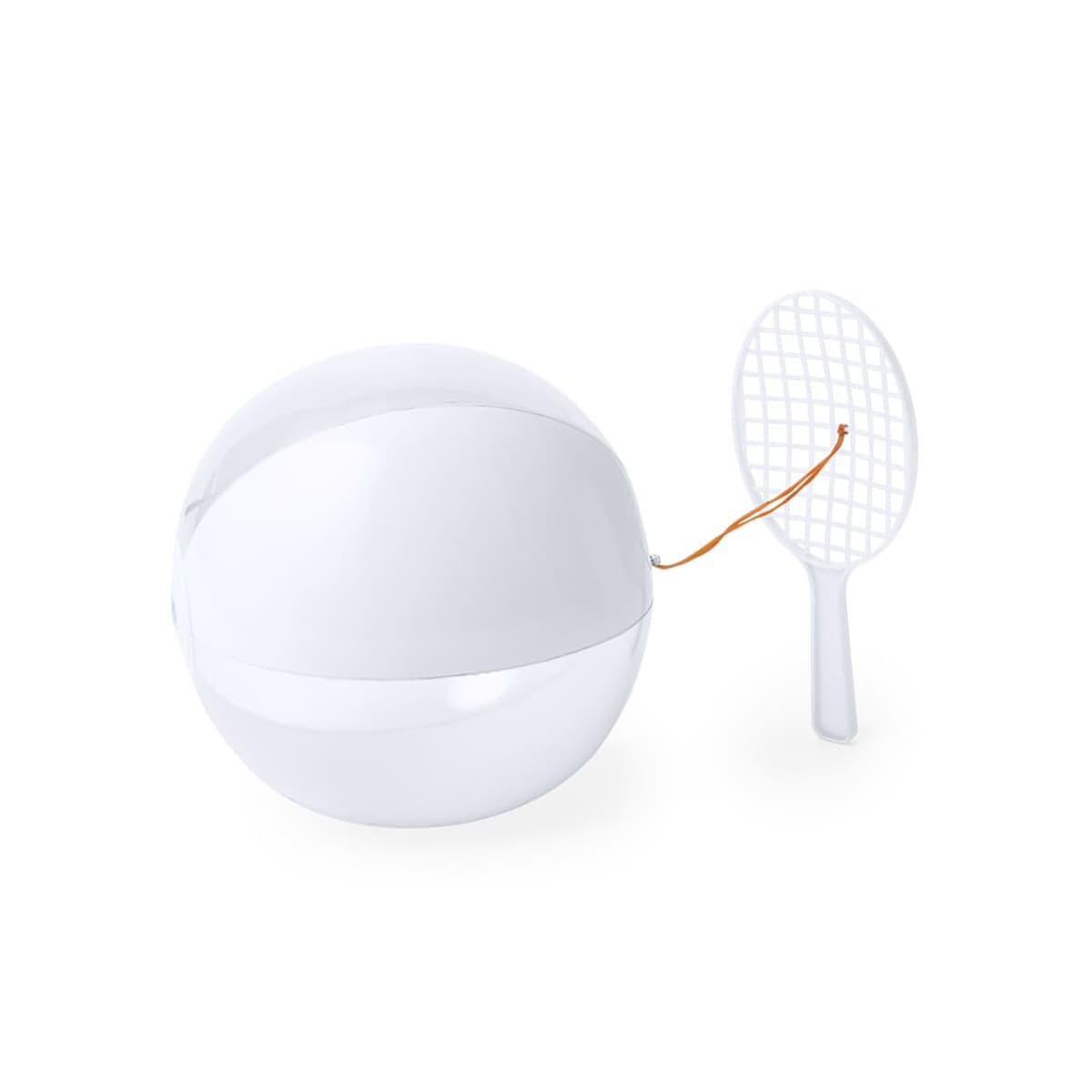 White sphere with a string attached to a white paddle, both on a white background.