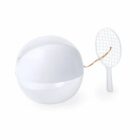 White plastic ball connected by string to a white paddle with a grid pattern, on white background.