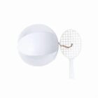 White beach ball attached by string to a white plastic paddle on a white background.