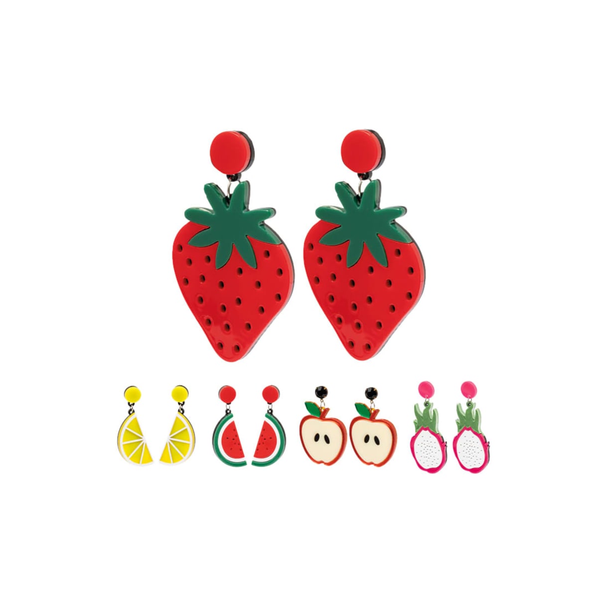 Six pairs of colorful fruit-themed earrings, including strawberry, lemon, watermelon, apple, and others.