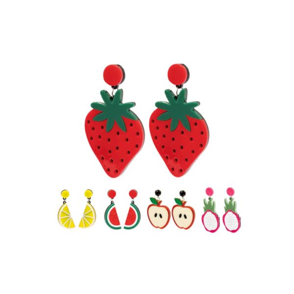 Six pairs of colorful fruit-themed earrings, including strawberries, lemons, and apples.
