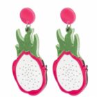 Colorful earrings shaped like dragon fruit slices with pink tops and green leaves.